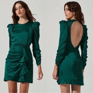 ASTR the Label Cascade Long Sleeve Ruffle Front Mini Dress in Green Satin